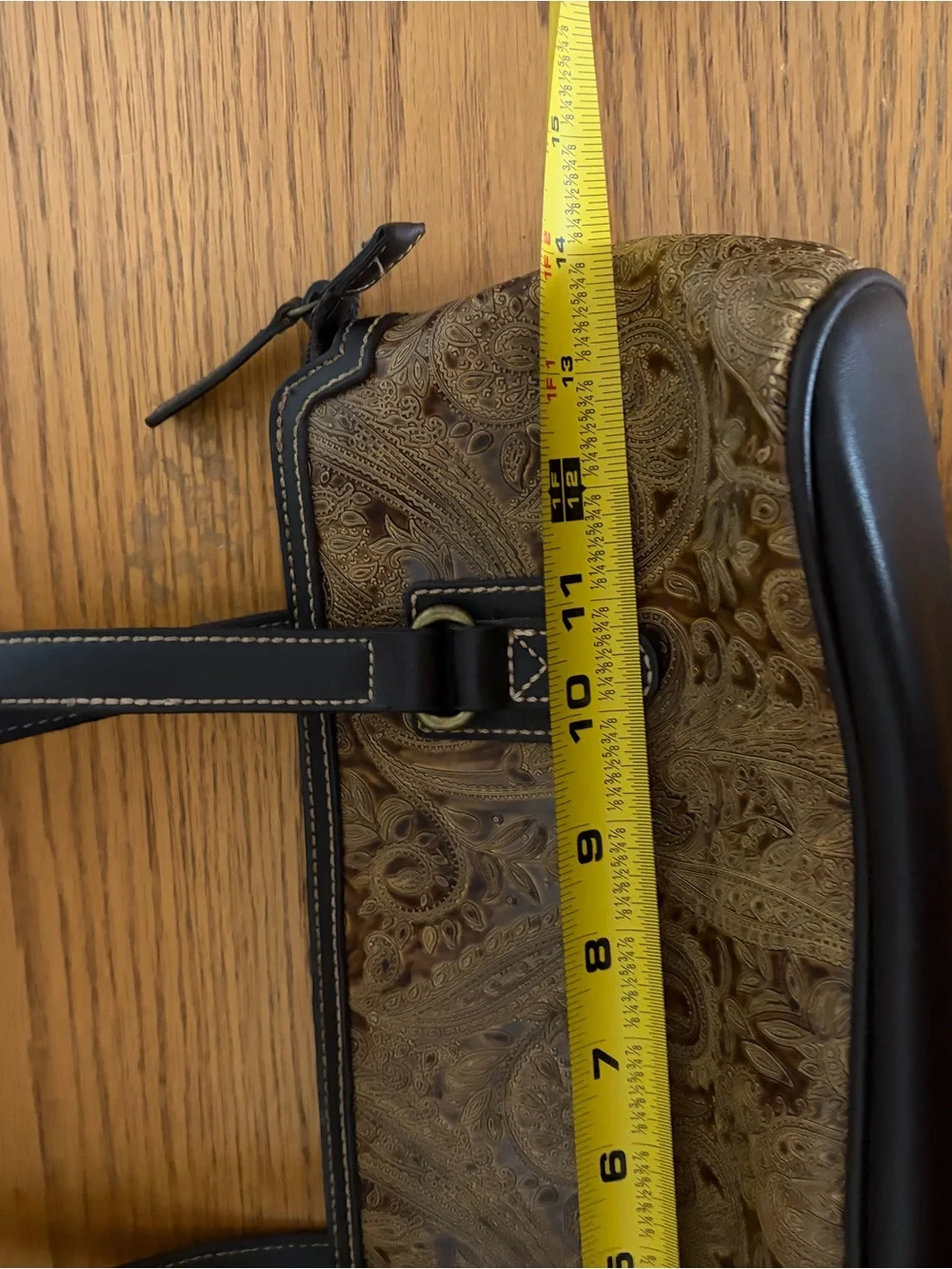 Tapestry Embossed Brown Faux Vinyl Leather Baguette Shoulder Bag